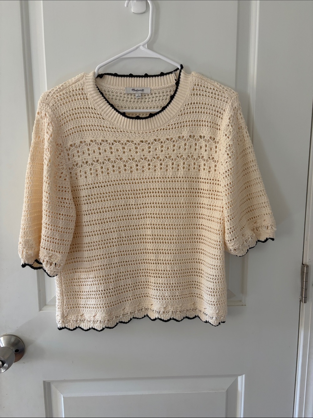Madewell Cream Crochet Short-Sleeve Sweater with Black Edging